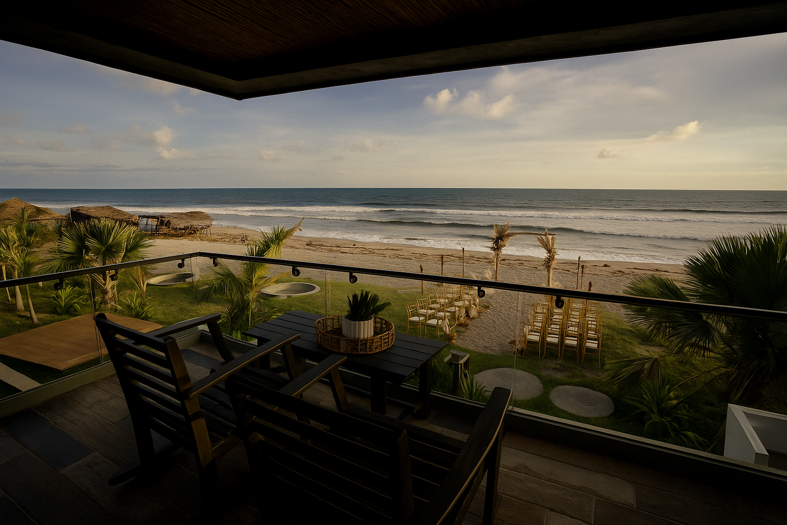 Terraza con vistas a una playa rocosa y al océano en calma al atardecer en la libertad cangrejera