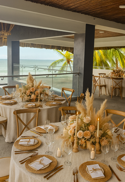 Elegantes mesas de restaurante en cardedeu cangrejera junto a la playa con decoración dorada y vista al mar.