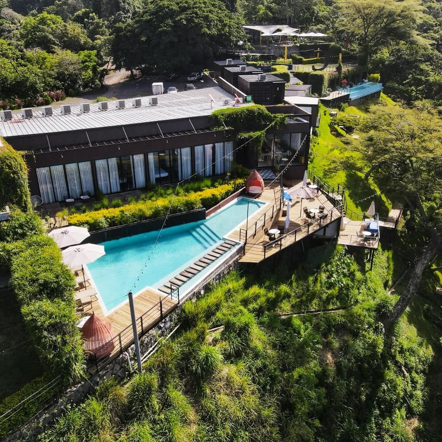 Vista aérea de cardedeu hotel coatepeque en la ladera de un acantilado, con una piscina de color turquesa y una terraza de madera rodeada de exuberante vegetación.