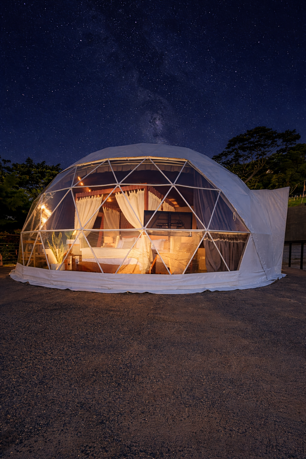 Tienda de campaña tipo domo iluminada por la noche bajo un cielo estrellado, con luces cálidas en el interior y un primer plano de grava.