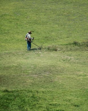 Person using a string trimmer on a grassy field