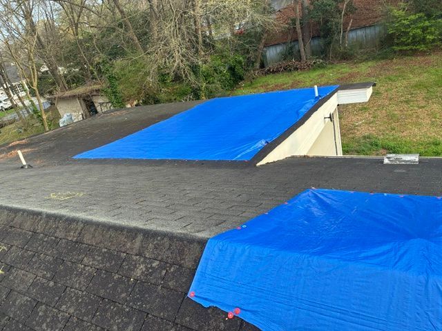 Blue tarps covering a flat rooftop and a small structure in a grassy backyard