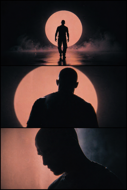 Silhouetted person before a glowing pink circle, shown in three dramatic close-up and full-body panels.