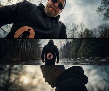 Three-panel collage of a person in a black hoodie by a river, viewed from close-up, rear, and side.