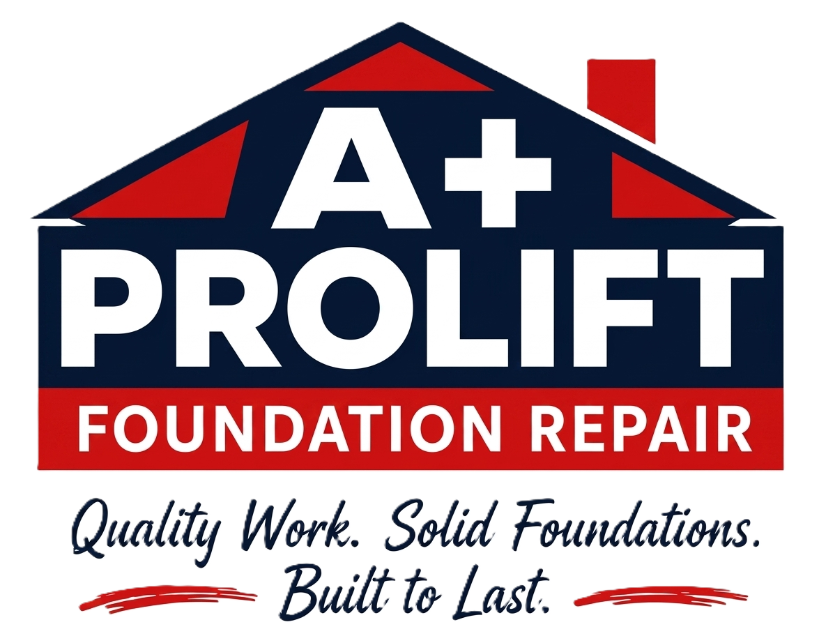 A+ ProLift Foundation Repair logo in red, white, and navy with &ldquo;Quality Work. Solid Foundations. Built to Last.&rdquo;