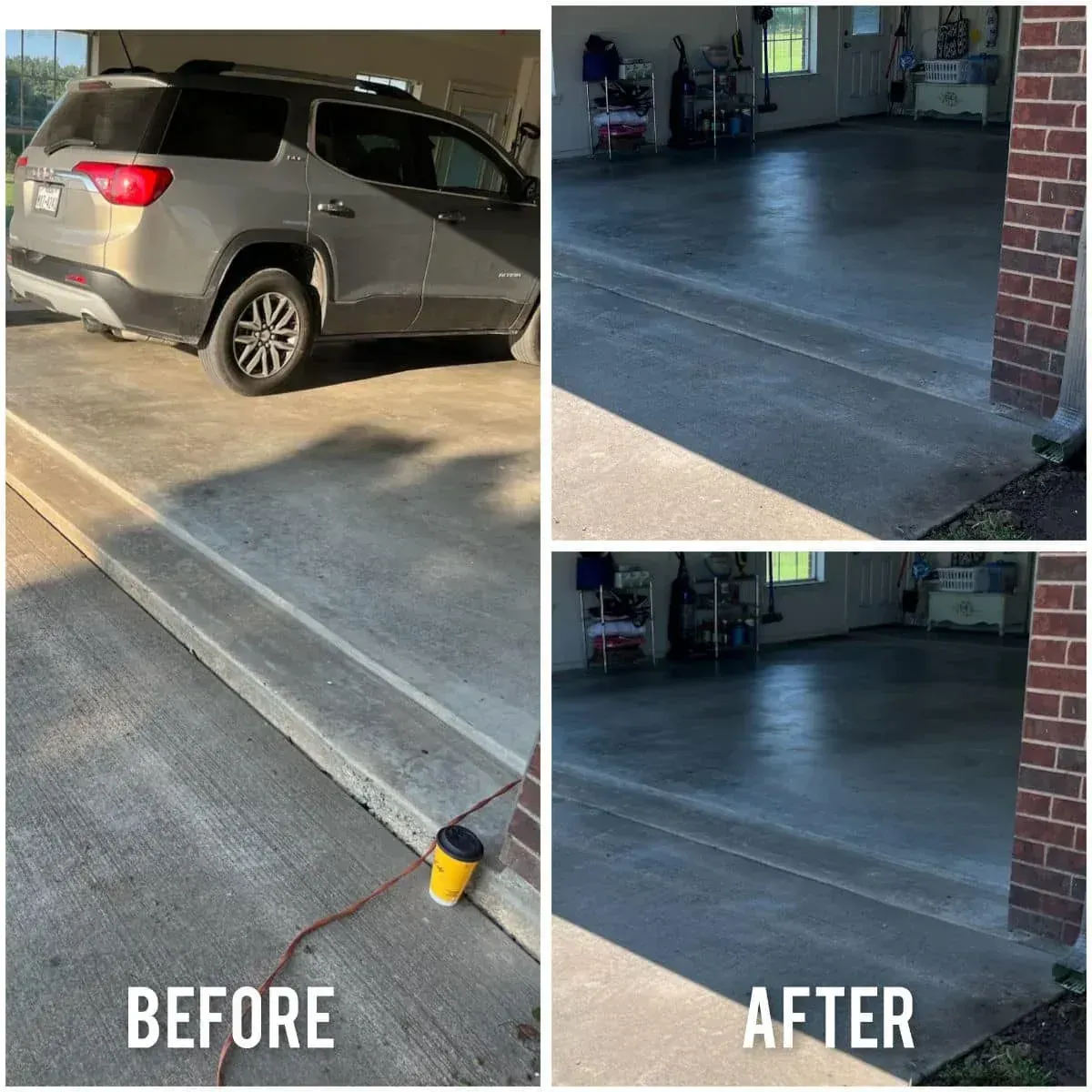 Before-and-after garage floor repair with gray SUV and cleaned concrete slab.