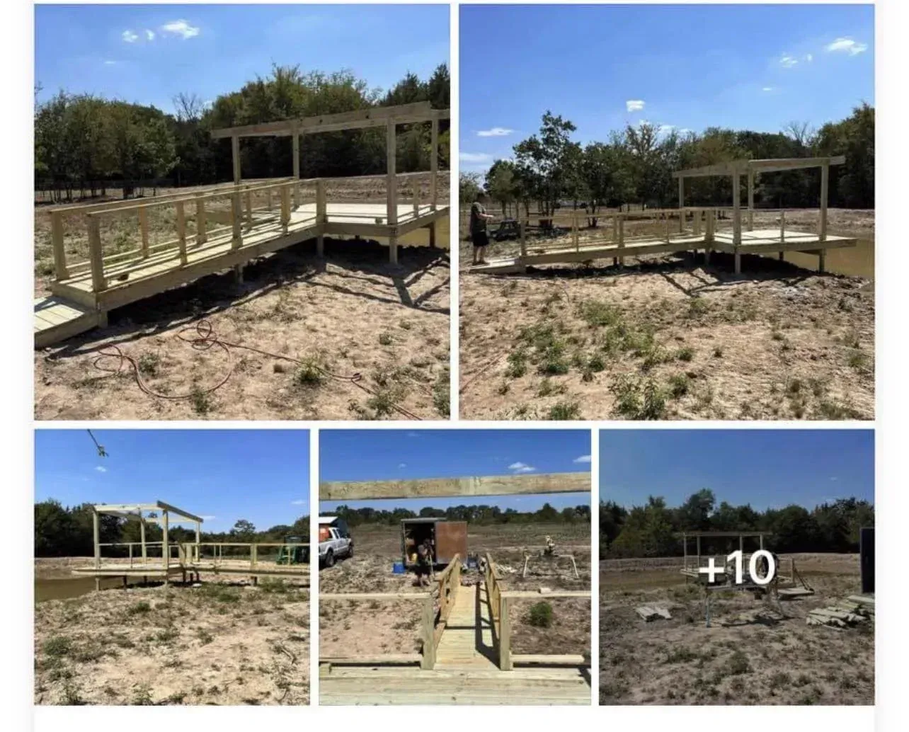 Wooden boardwalk and viewing platform in a sandy, grassy outdoor area, shown from multiple angles.