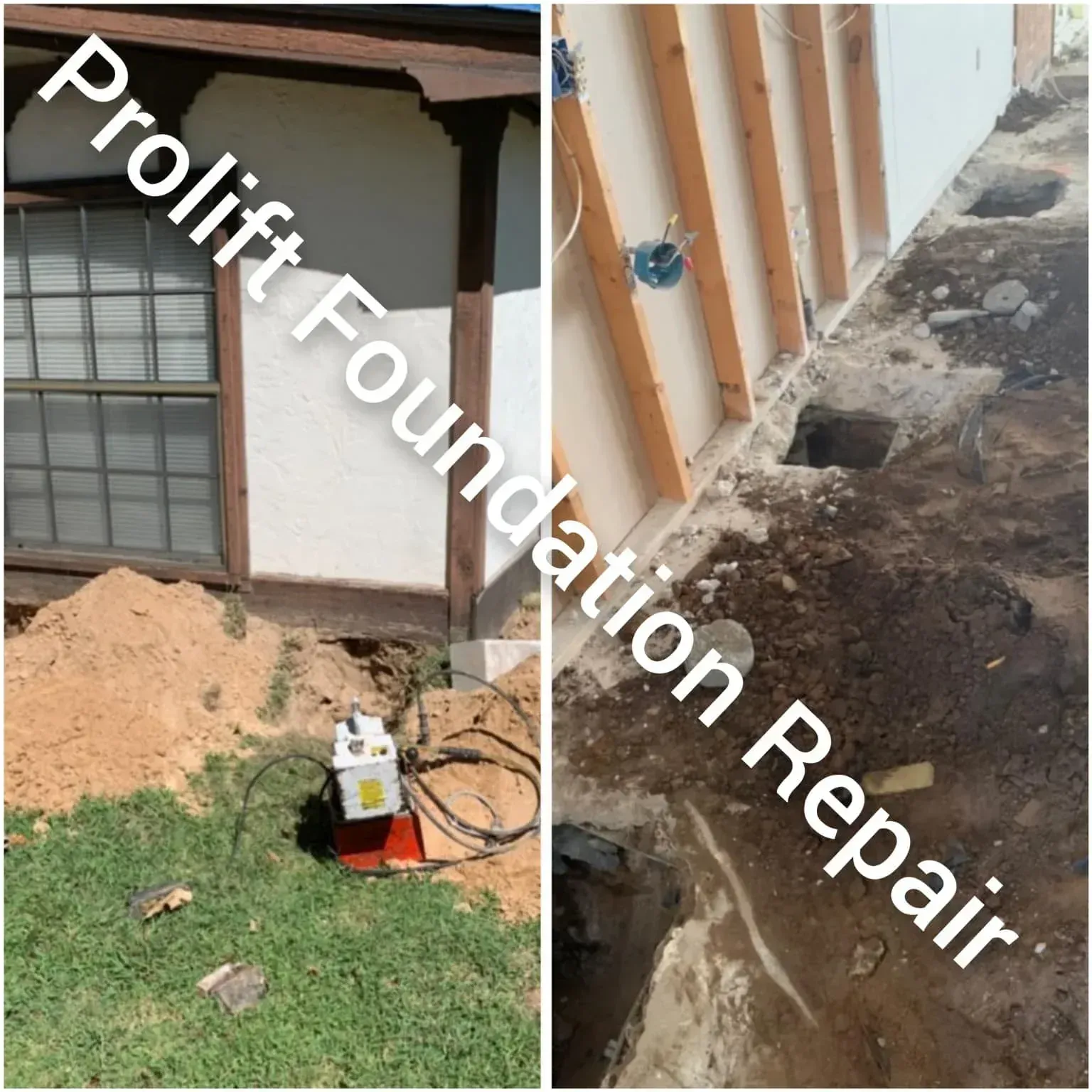 Foundation repair work beside house wall, with dug trench, exposed soil, and repair equipment.