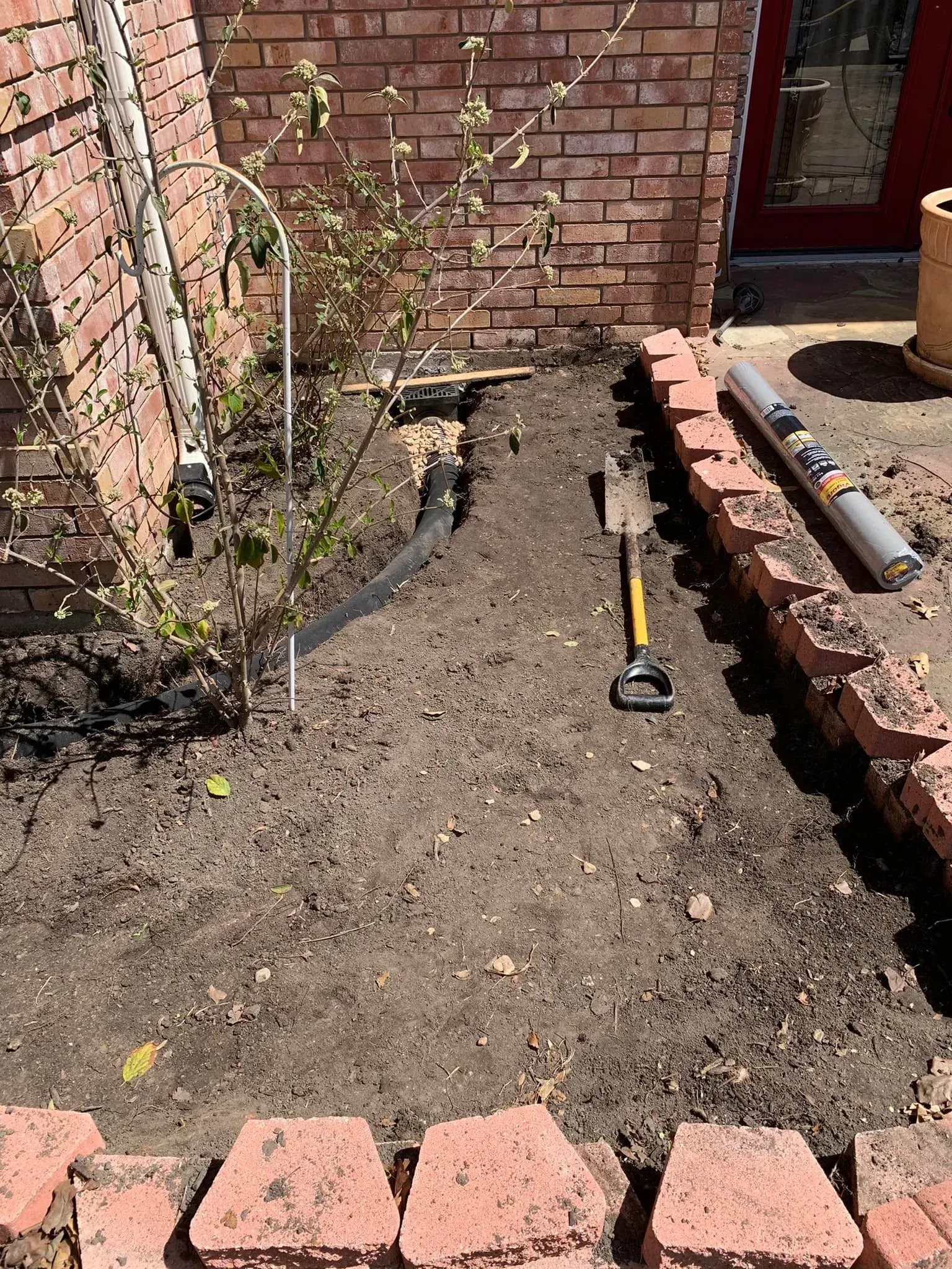 Narrow dirt garden bed beside a brick house, with young plants and stacked bricks along the edge.
