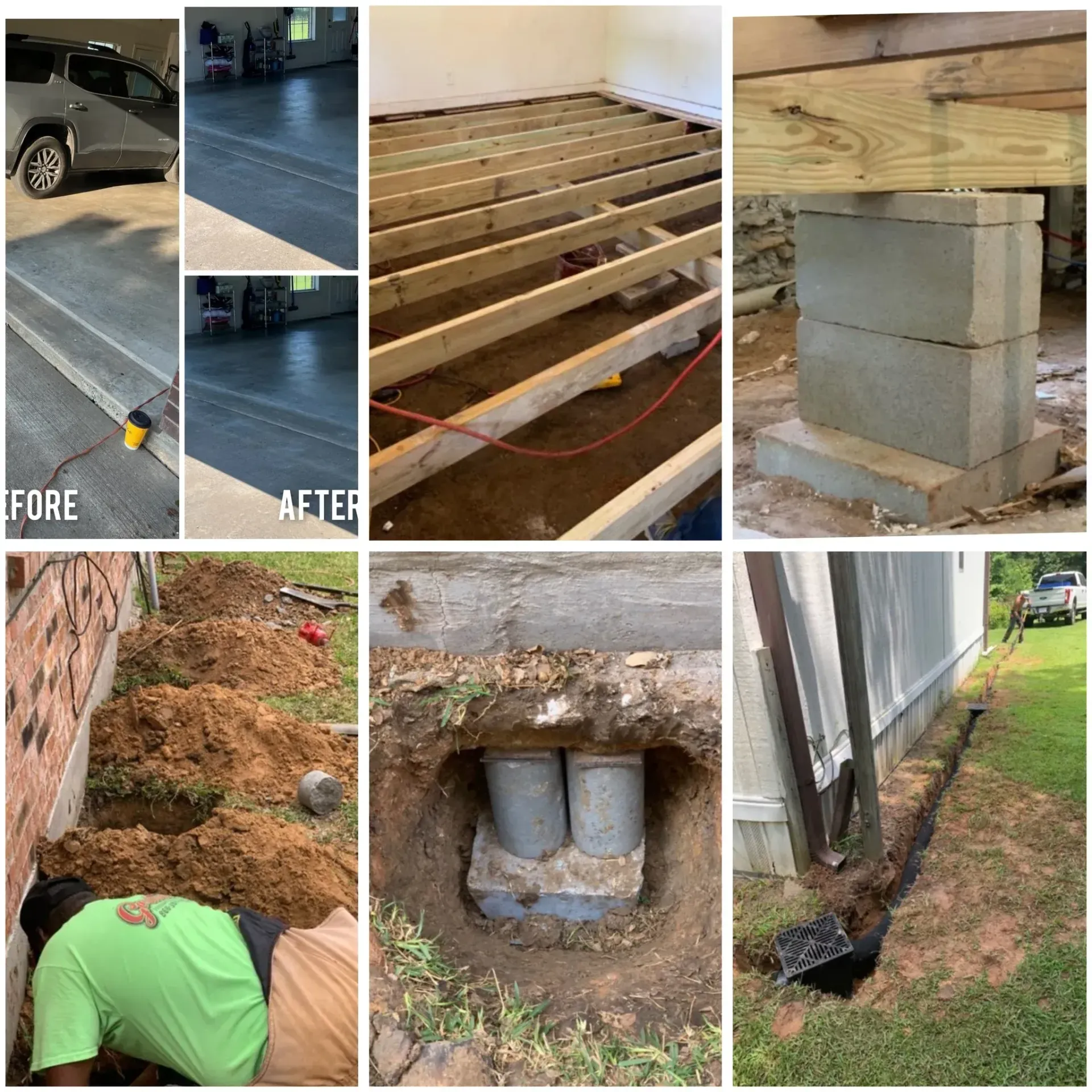 Collage of foundation repairs: lifted beams, concrete piers, and before/after driveway leveling.