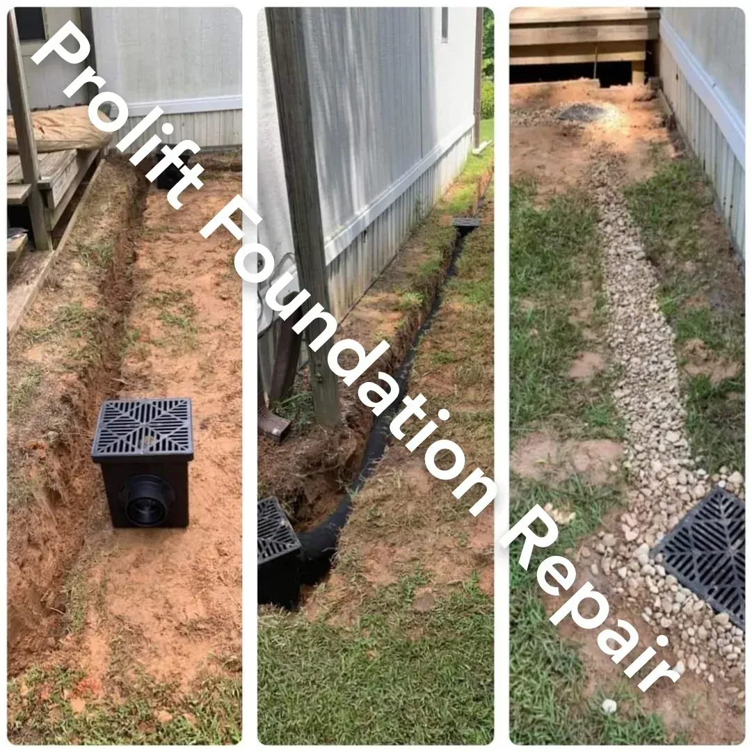 Storm drain repair in a narrow dirt side yard beside a fence, with exposed trench and black drain parts.