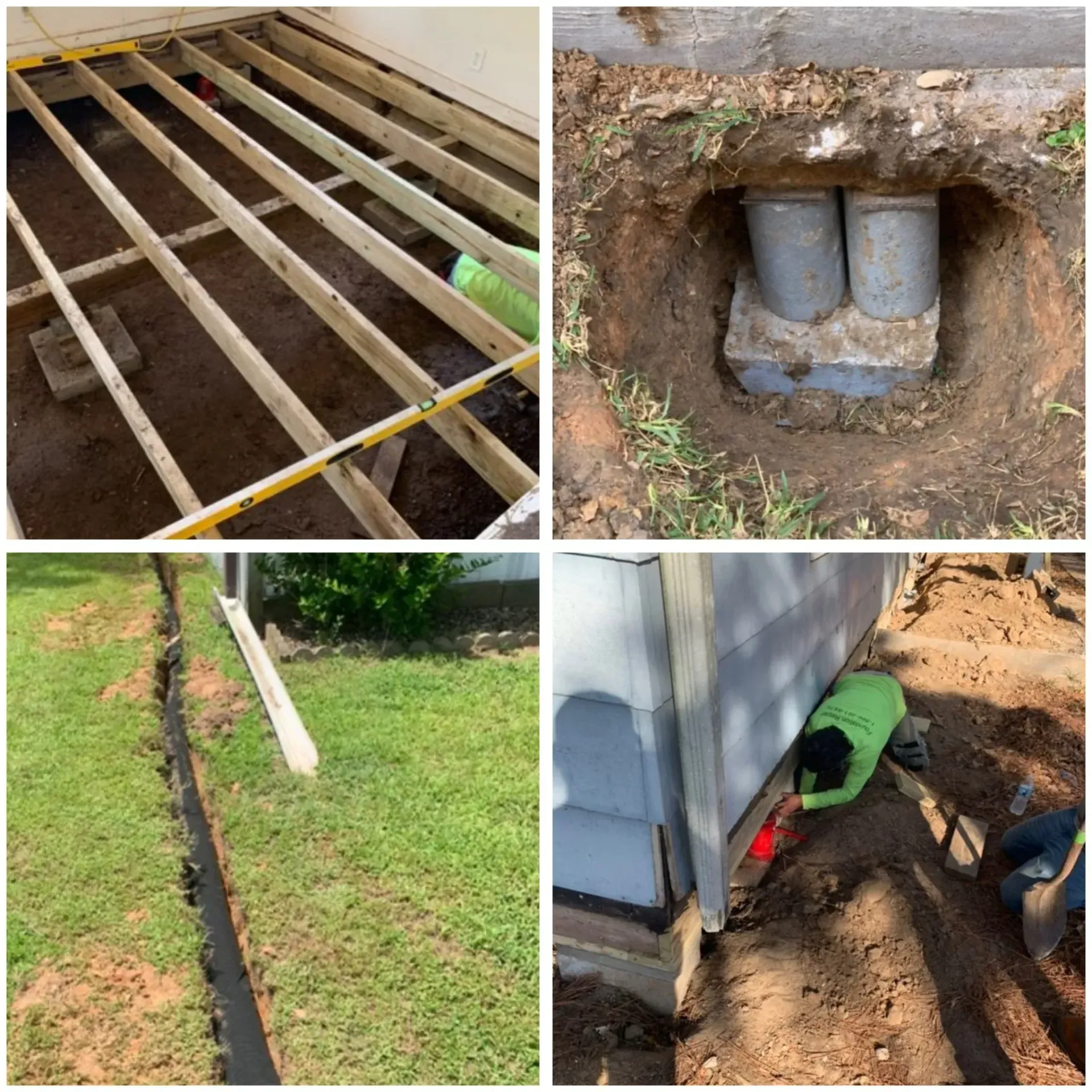 Home foundation repair collage showing floor joists, utility pipes, a broken pipe, and crawlspace work.