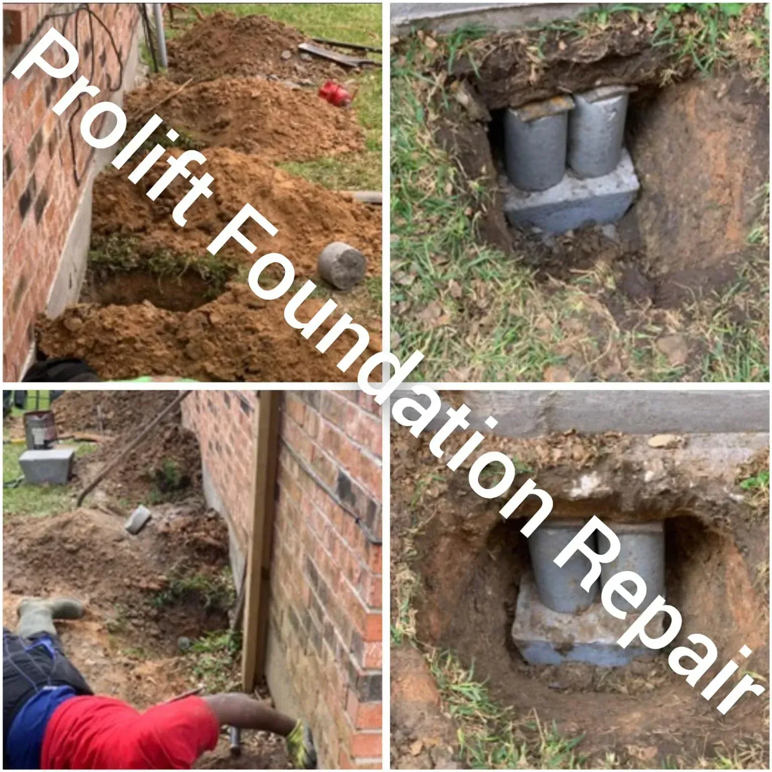 Four photos of foundation repair beside a brick house, showing excavated holes, piers, and worker inspecting the site