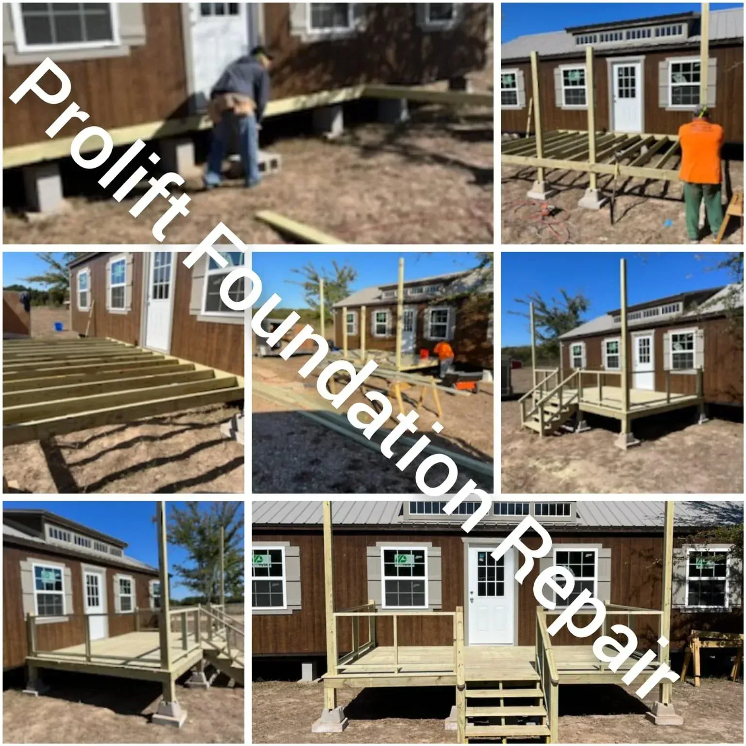 Collage of a porch repair project on a brown house, showing workers building steps and a wooden deck