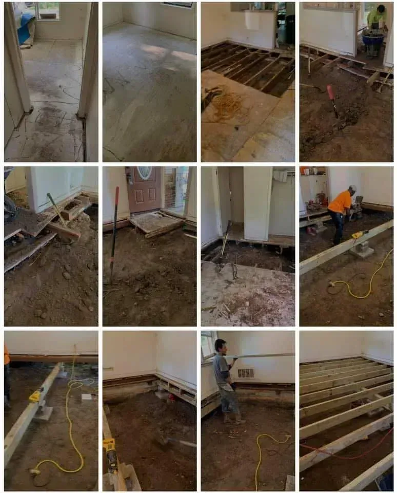Collage of a room renovation showing removed flooring, exposed subfloor, tools, and workers.