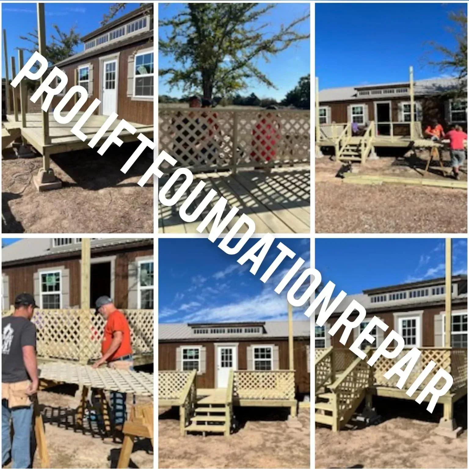 Workers building a deck and steps on a house porch, with “PROLIFT FOUNDATION REPAIR” banner across the collage.