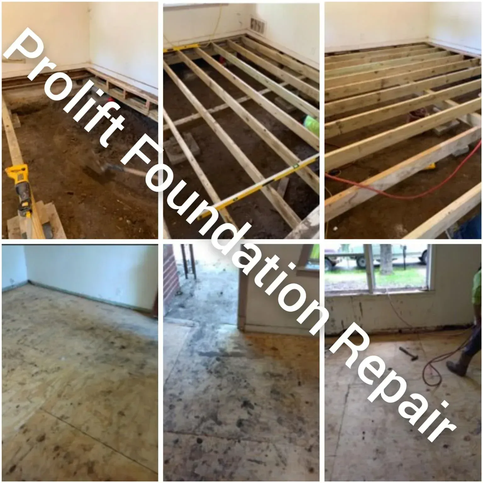 Collage of floor repair: joists exposed, subfloor replaced, and finished floors in a home interior