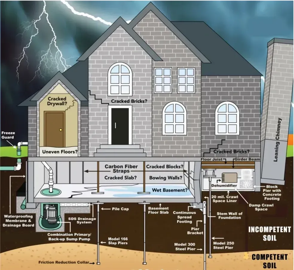 House foundation cross-section with cracked masonry, wet basement, and stormy weather over compacted and incompetent soil