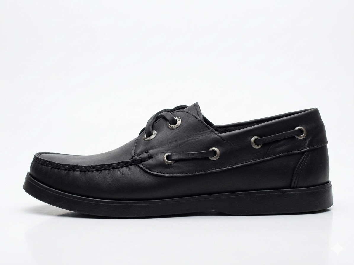 Zapato náutico de cuero negro sobre fondo blanco