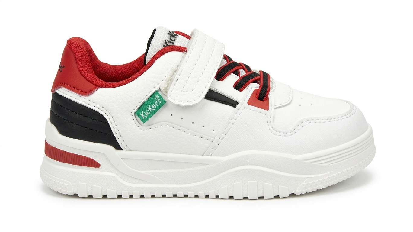 Zapatillas infantiles blancas y rojas con detalles en negro y etiqueta verde, vista lateral sobre fondo blanco.
