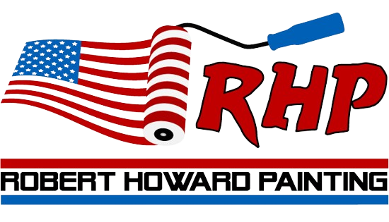 Logo of Robert Howard Painting: Paint roller rolling out American flag with company initials