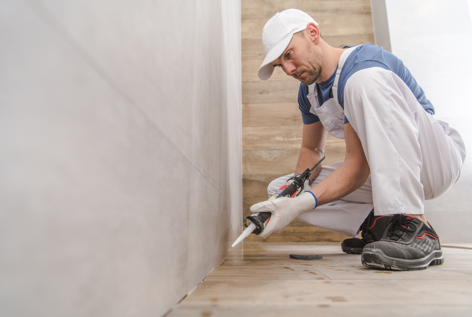 Person caulking a wall in a room, wearing a white cap, overalls, and gloves.