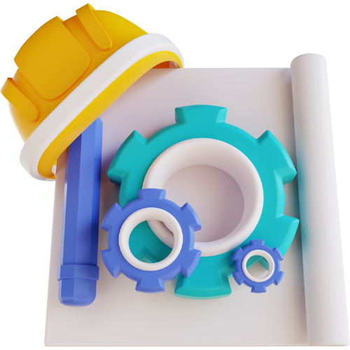 Yellow hard hat, blueprint, gears, and pencil, symbolizing construction and engineering.