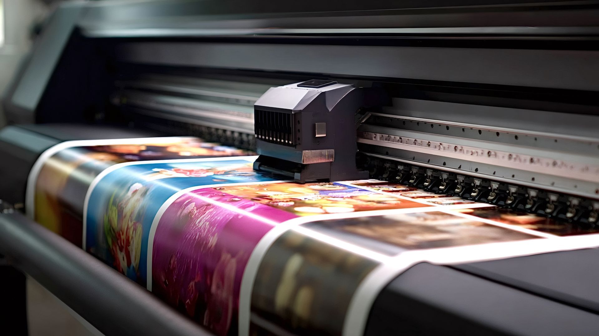 Close-up of a wide format printer head providing professional photo printing services. Close-up of a wide format printer head providing professional photo printing services.