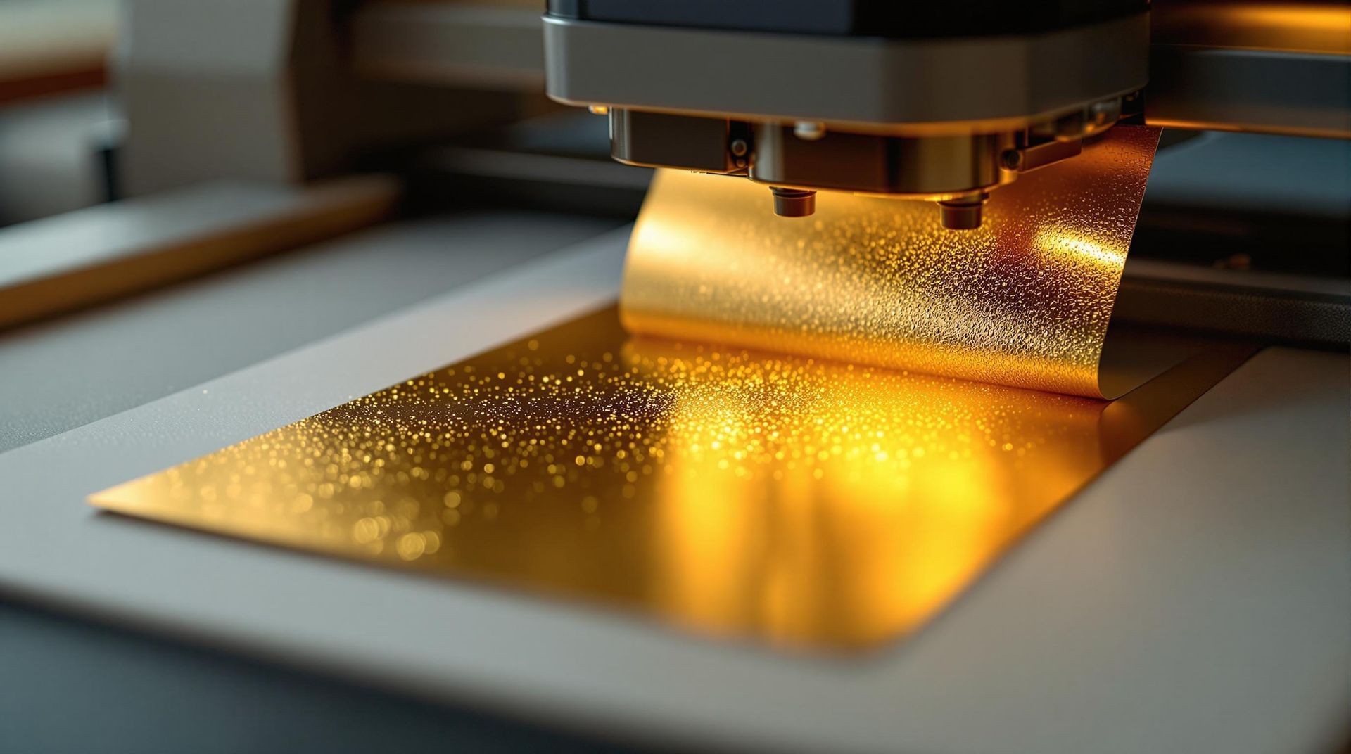 A mechanical printer head applying a sheet of reflective gold foil onto a white surface.