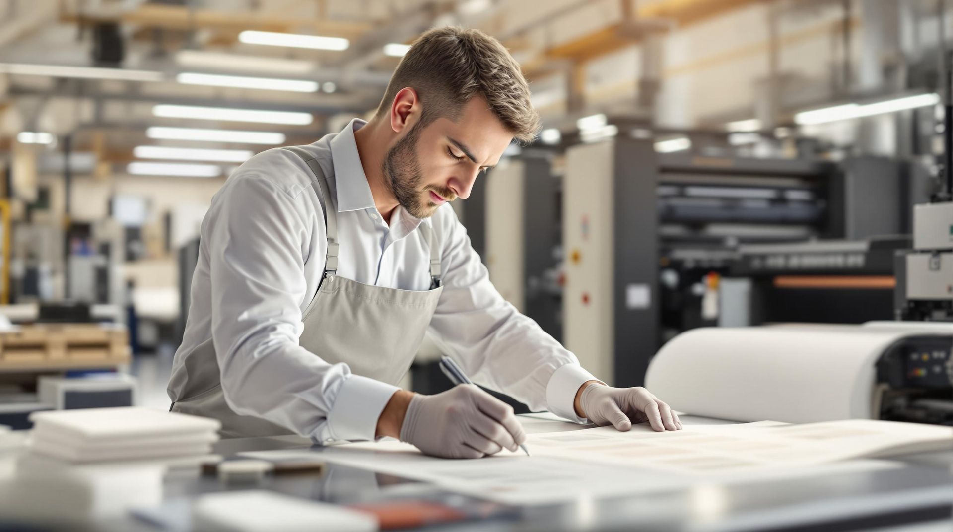 A worker wearing a light apron and gloves writes on a document at a table in a bright, industrial printing factory.