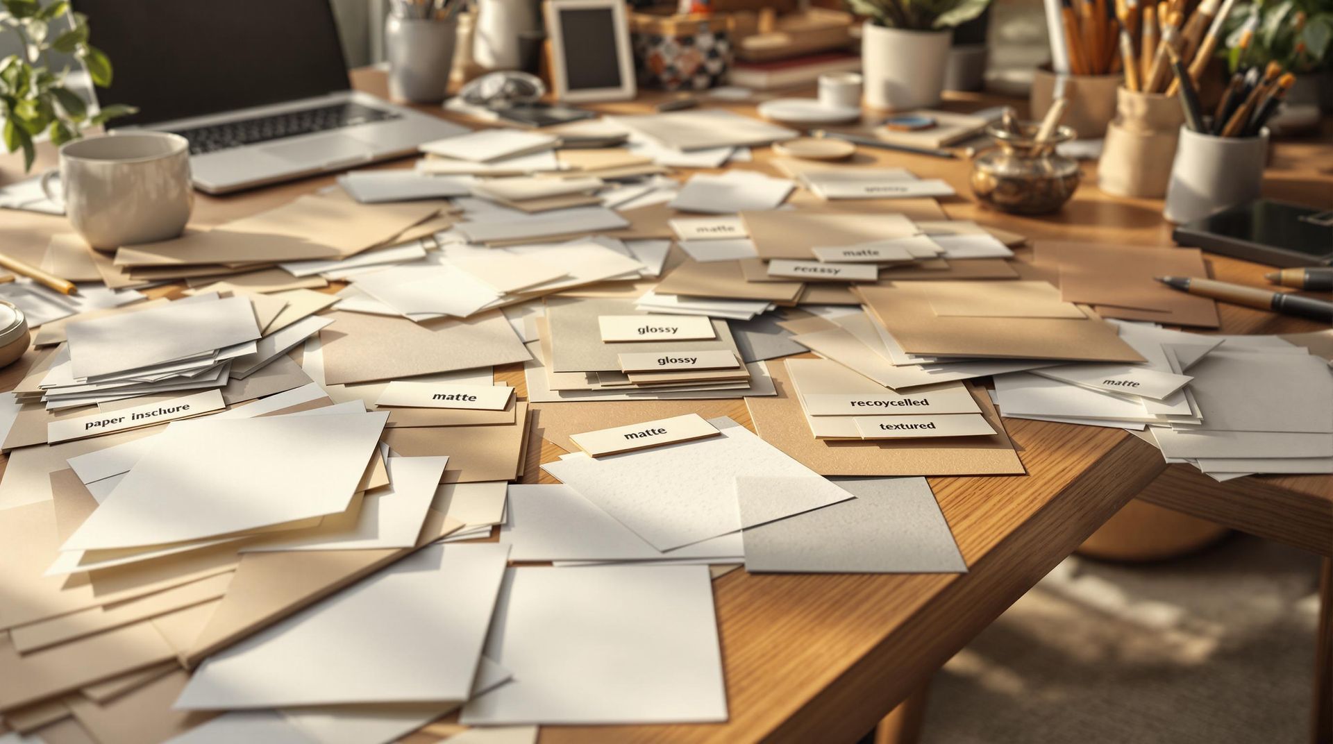 A cluttered wooden desk covered in scattered sheets of paper, stationery, a laptop, and various office supplies.
