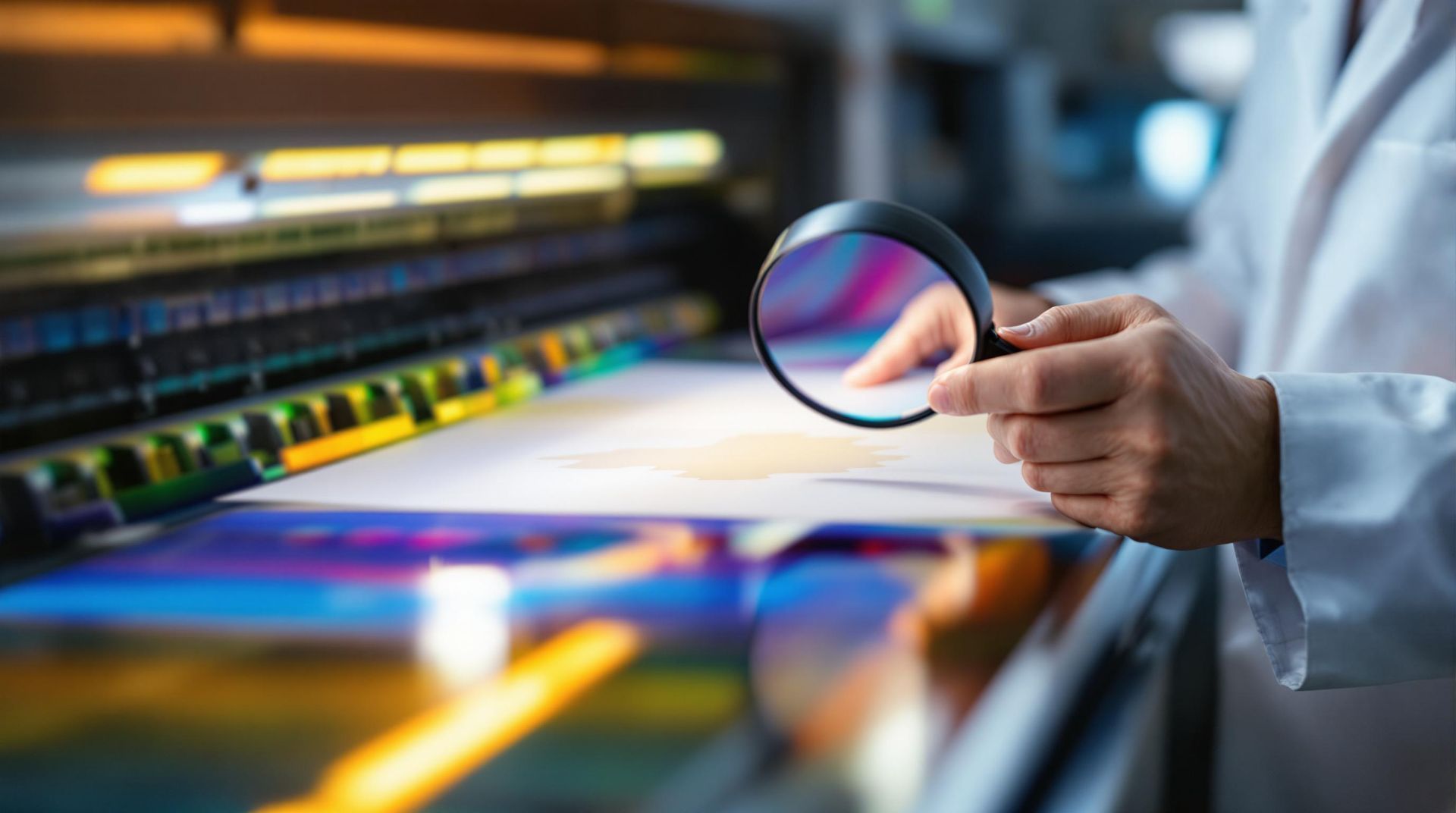A person in a lab coat uses a magnifying glass to inspect a colorful print coming off an industrial printing press.