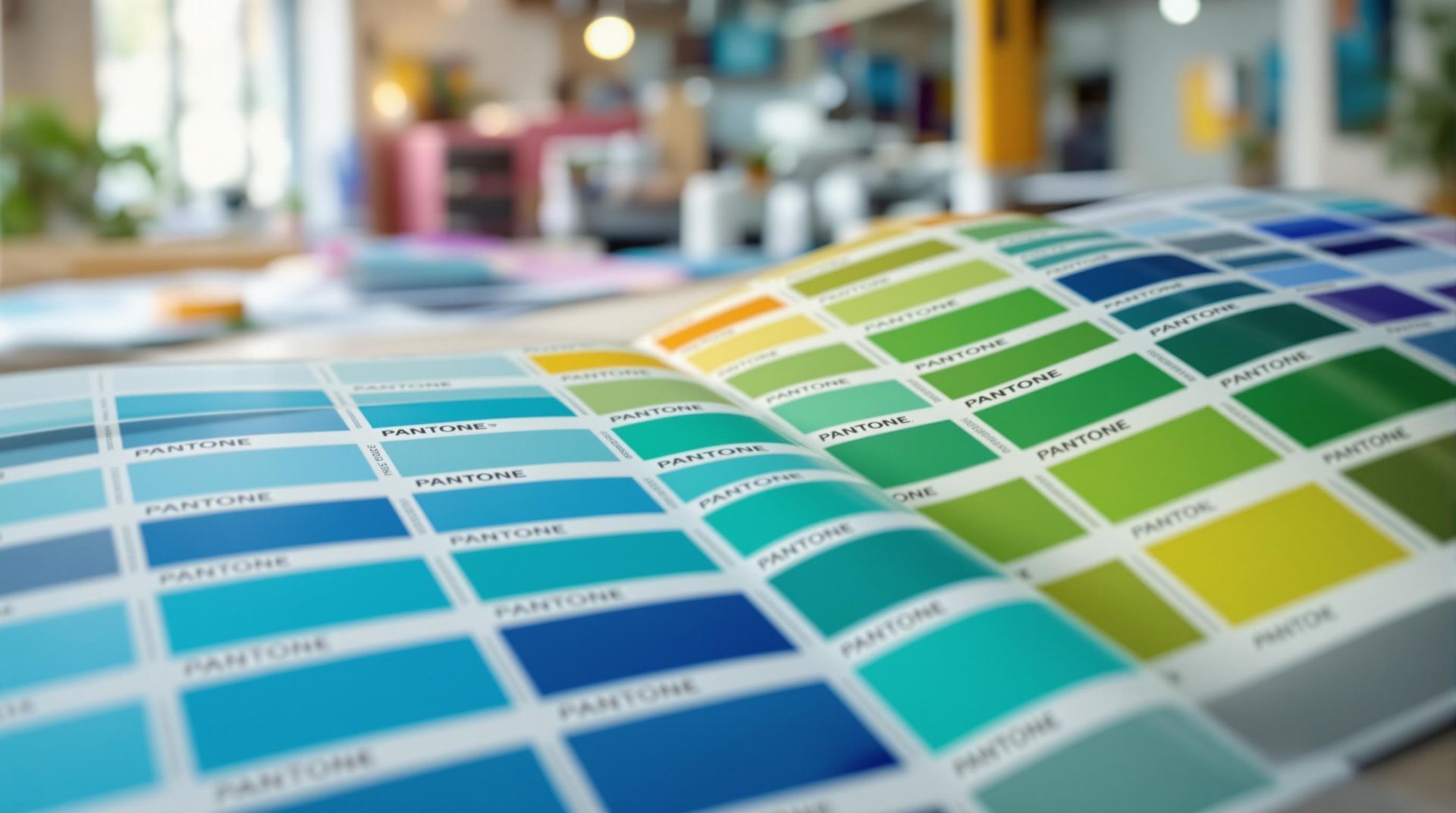 A Pantone color swatch book lies open on a table, displaying a grid of various shades of blue and green.