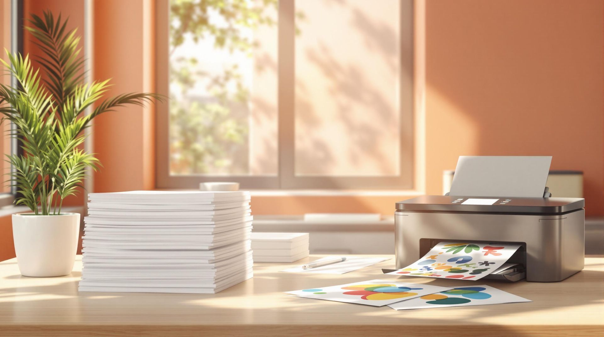 A desk with a stack of white paper, a printer, and a potted plant in front of a window in a sunlit room.