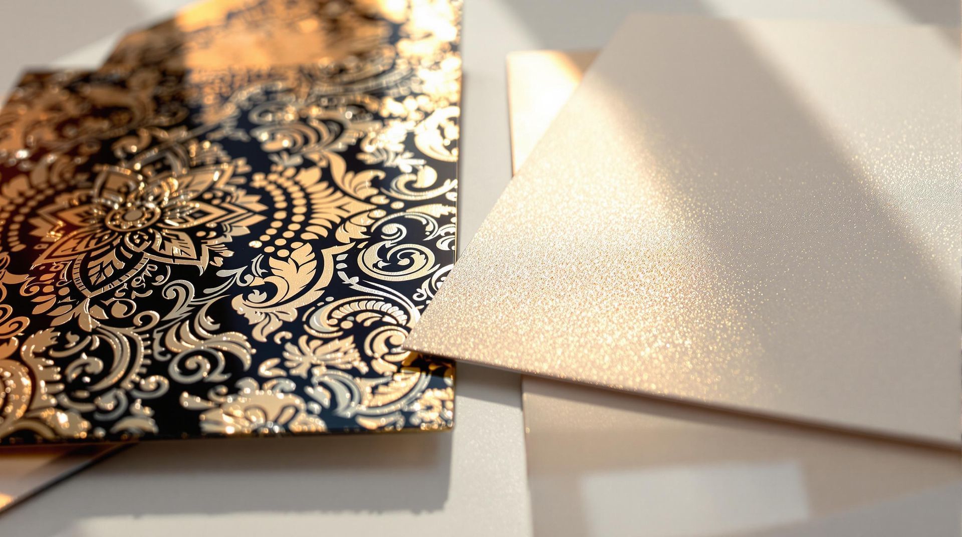 Two overlapping rectangular cards: one with a gold ornate damask pattern on black, the other a textured, matte cream.
