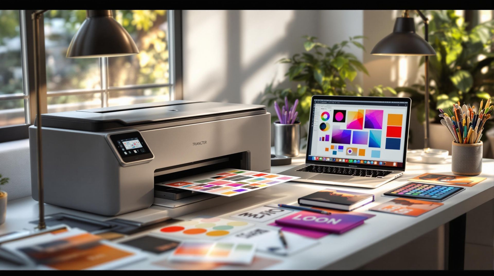 A printer on a desk next to a laptop displaying colorful design samples, with scattered prints and art supplies.