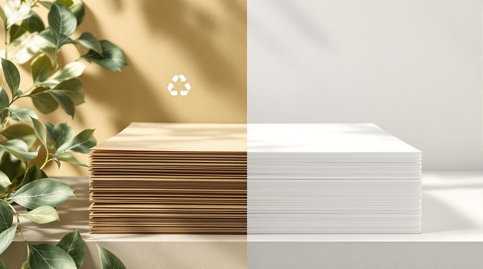 A stack of brown recycled paper on the left and white paper on the right, set against a backdrop with soft leaf shadows.