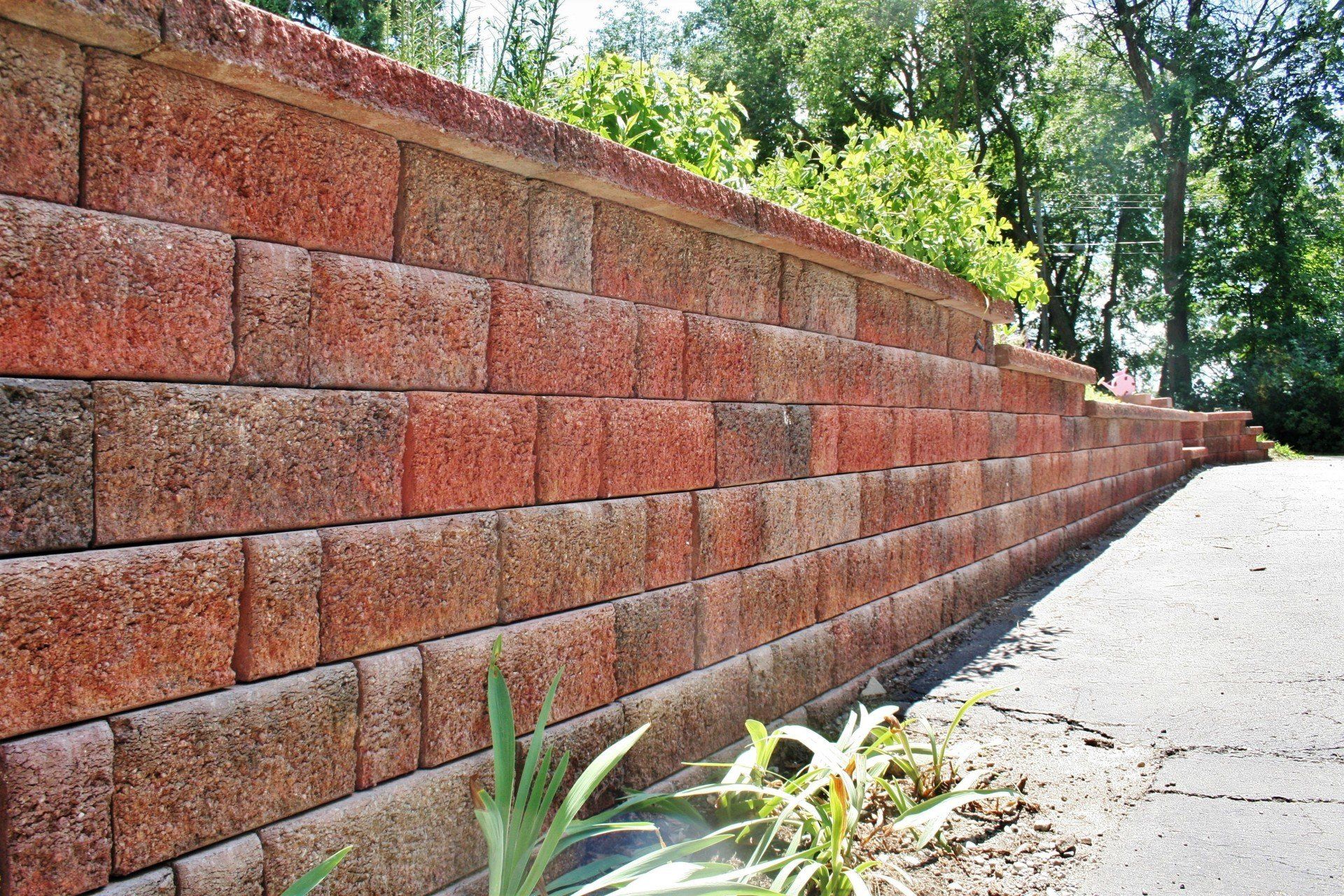 Red brick retaining wall beside a paved path, with greenery along the top and edge.