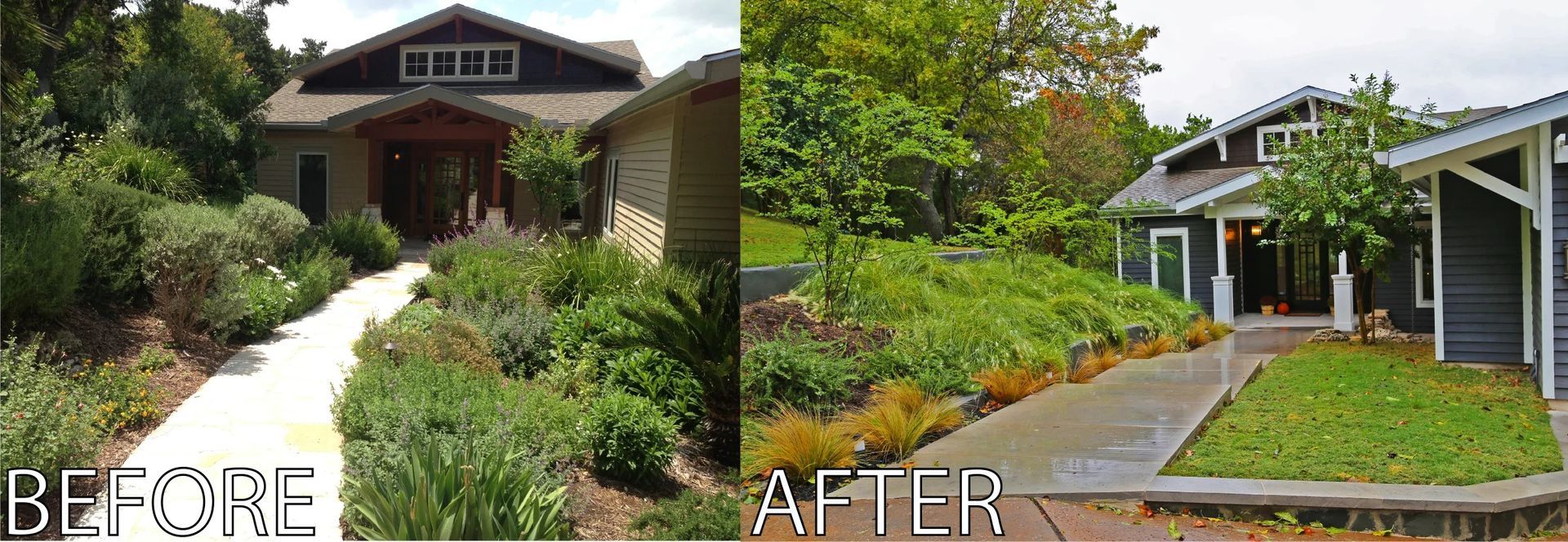 Before and after view of a home exterior showing a renovation with new dark blue siding, a new walkway, and updated lawn.