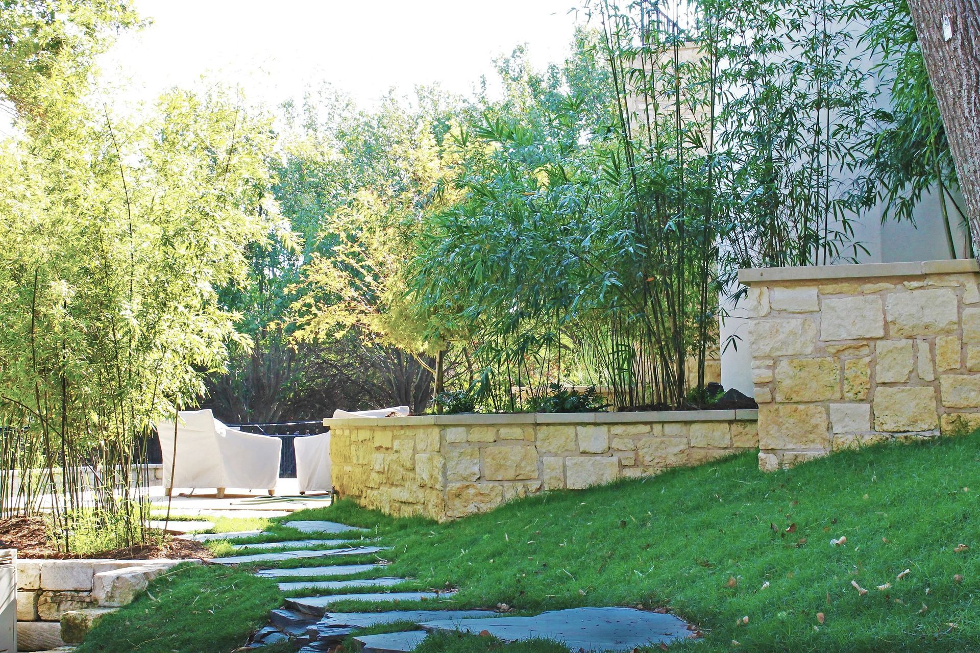 A stone retaining wall, stepping stones through a grass lawn, and tall bamboo plants in a landscaped backyard.