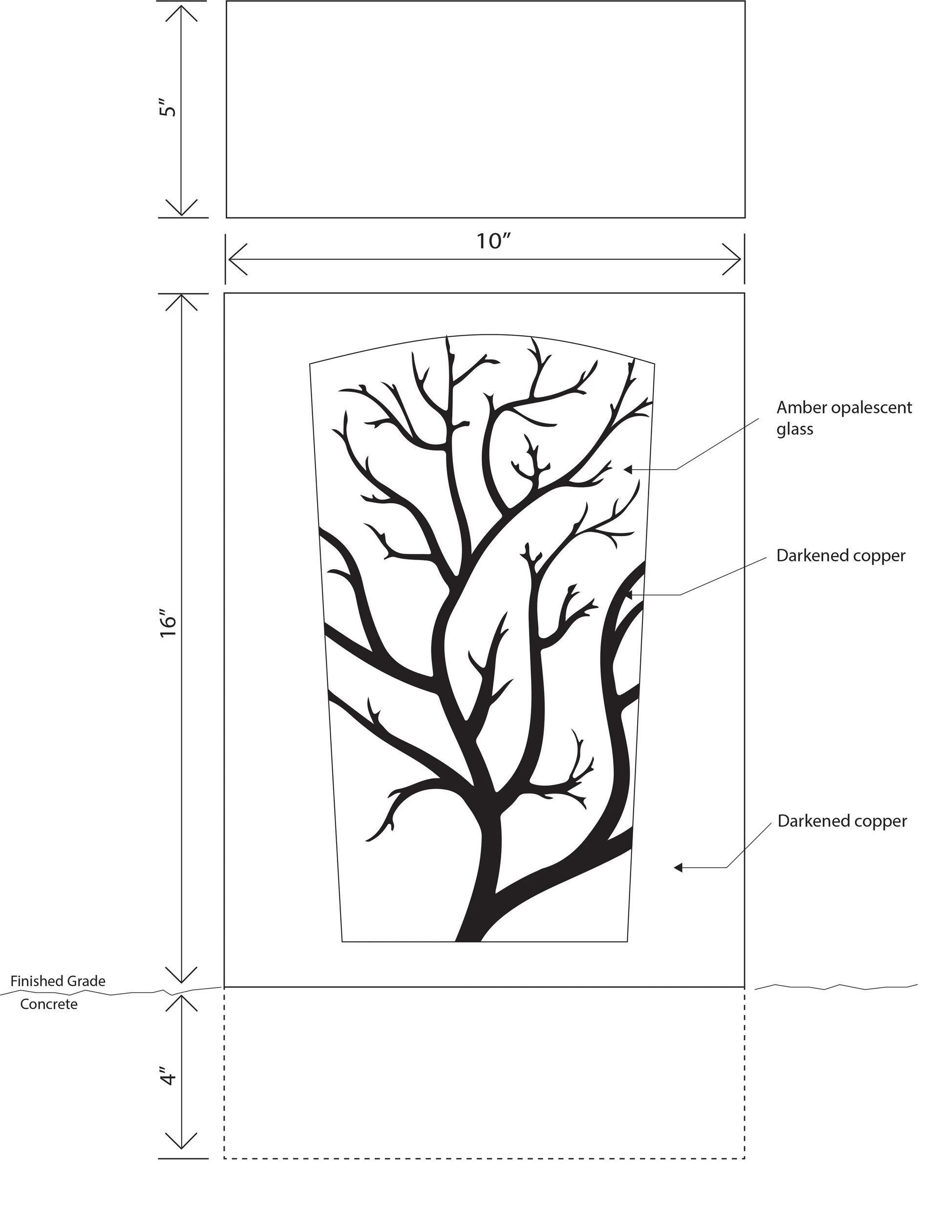 Technical drawing showing a rectangular panel featuring a decorative laser-cut tree design with measurement dimensions.