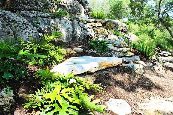 A rocky, tiered garden landscape with lush green foliage, mulch, and natural stone accents under dappled sunlight.