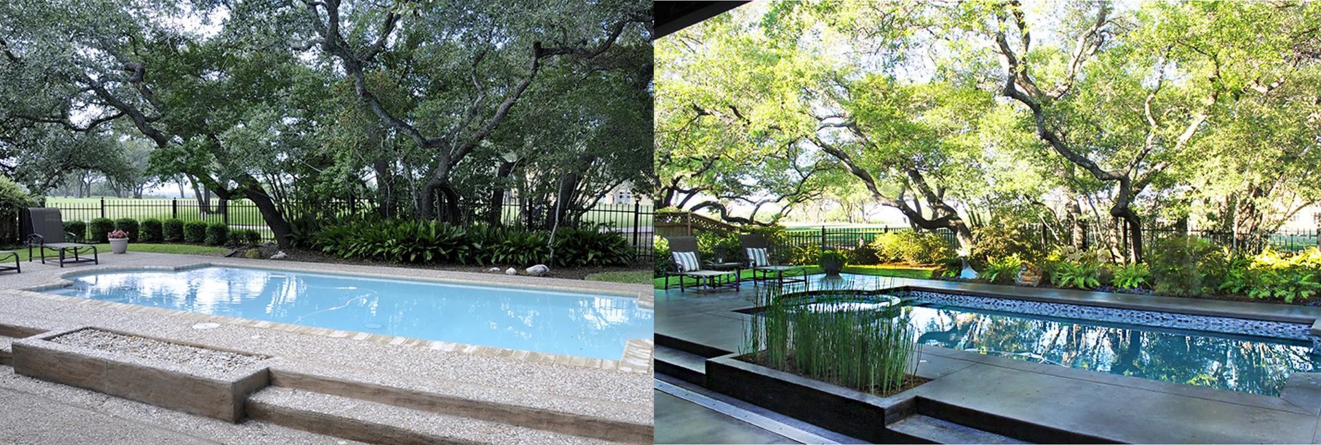 A side-by-side comparison of a rectangular swimming pool in a lush garden setting before and after renovation.