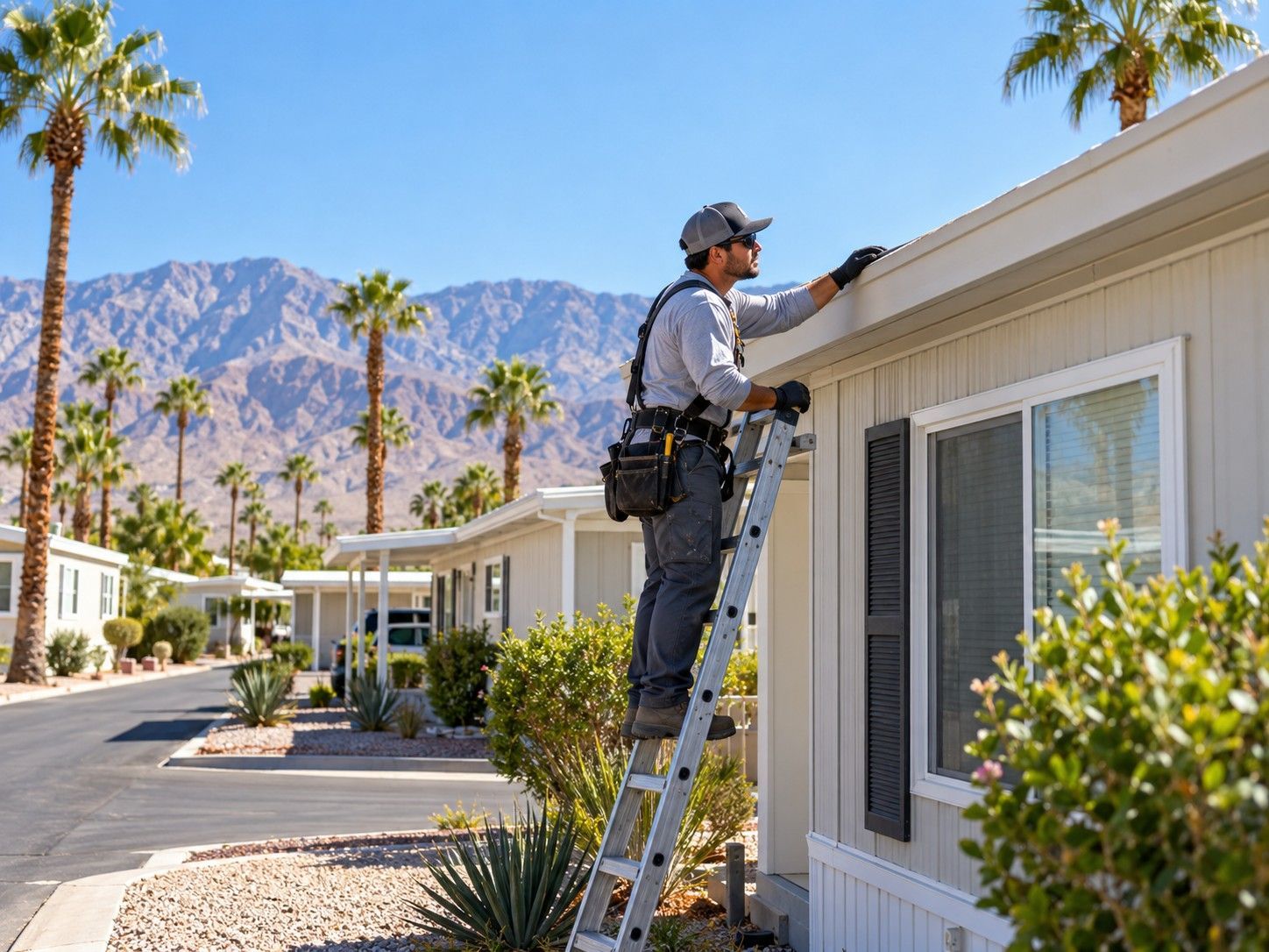 Roofing professional inspecting the roof edge of a manufactured home in the Coachella Valley