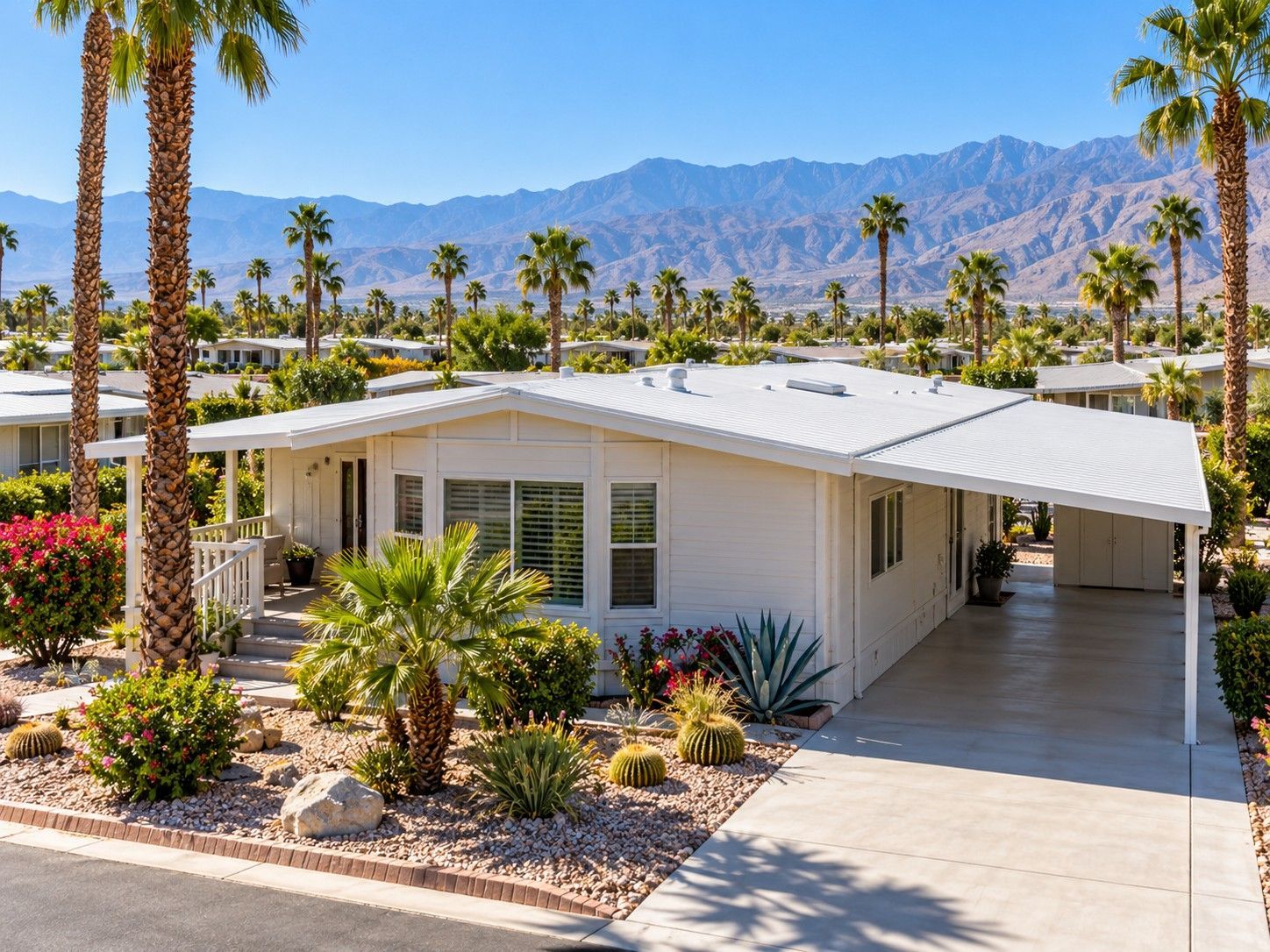 Manufactured home in a Coachella Valley desert community with palm trees and mountains
