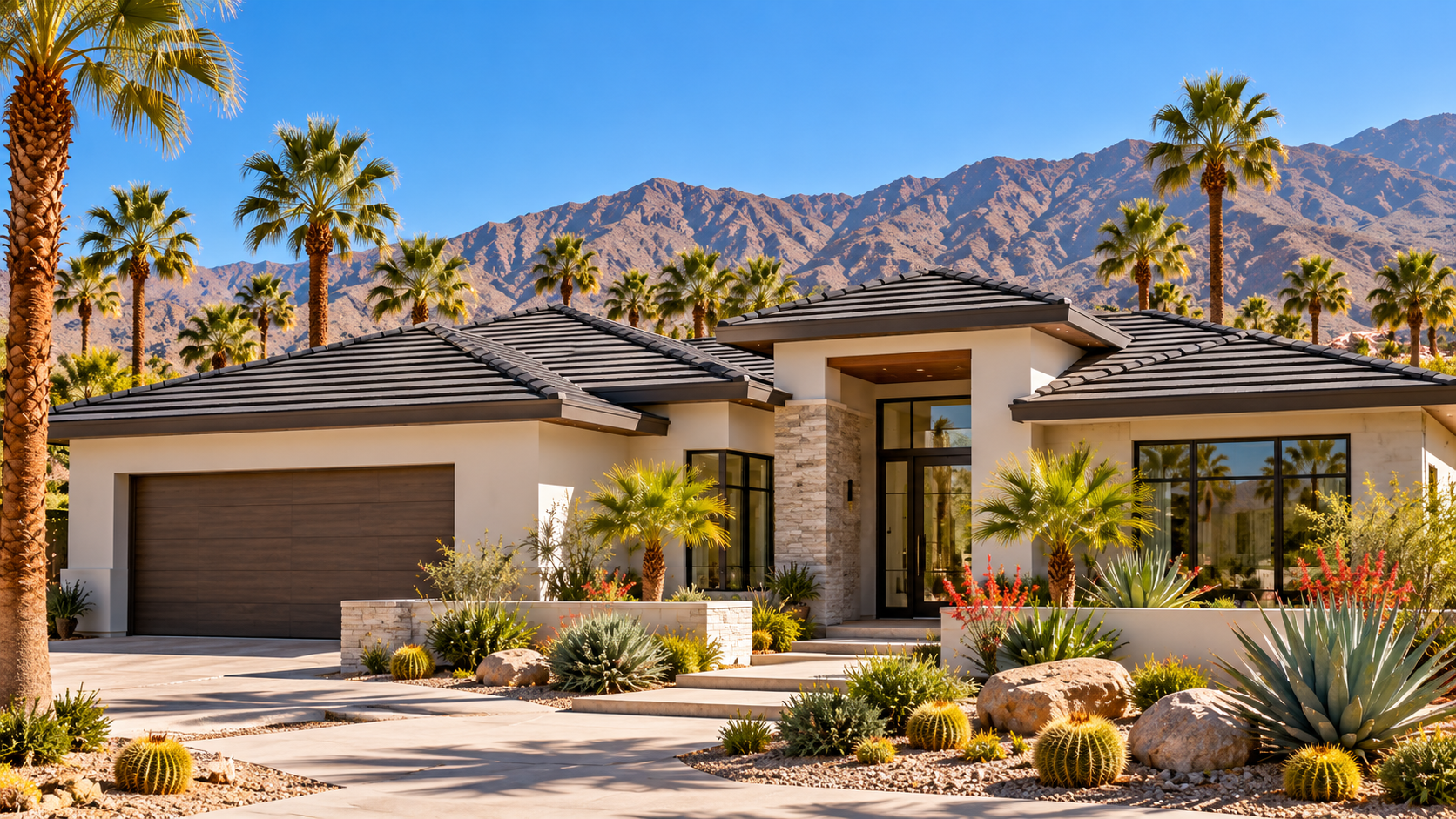 Modern desert home with dark flat tile roofing
