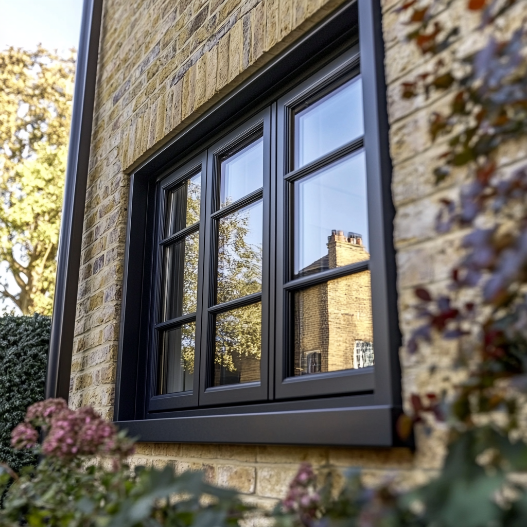 A large window with a view of trees and a blue sky.