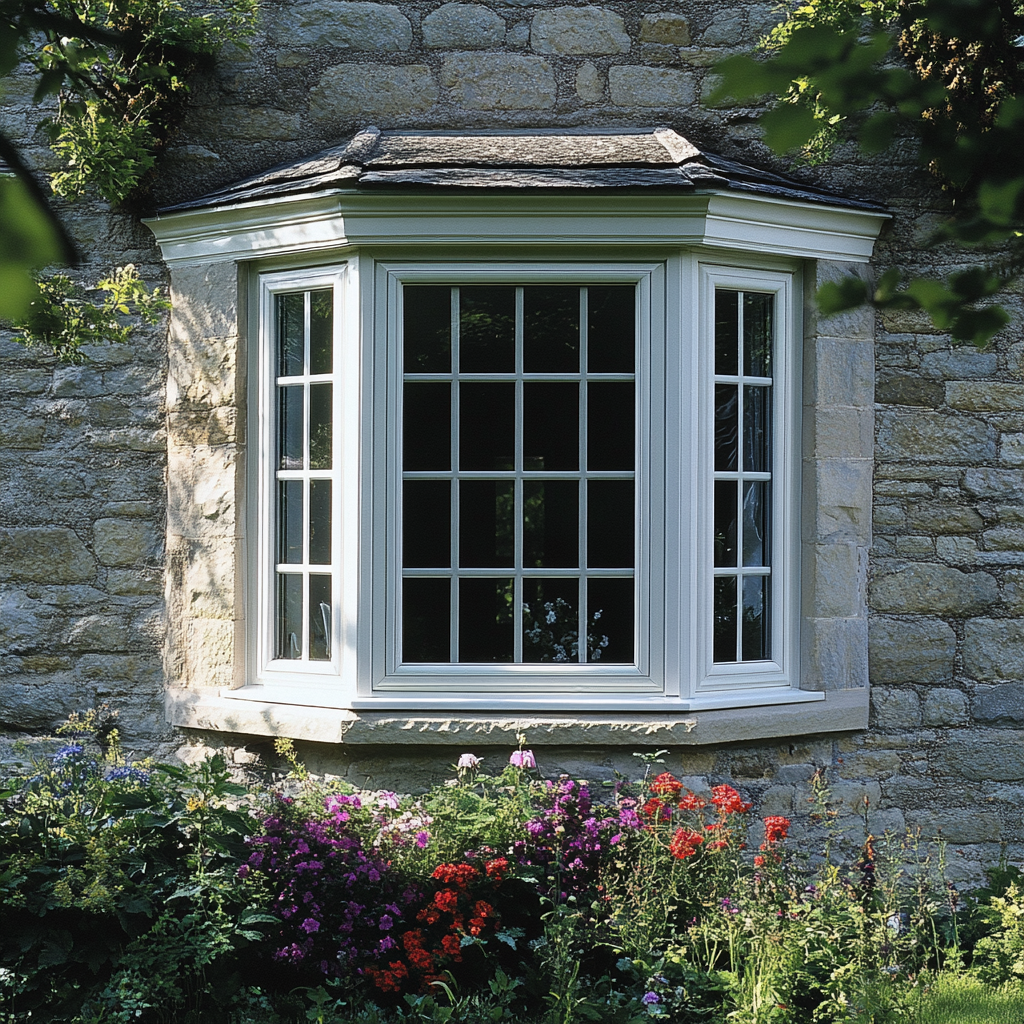 A white bay window on a stone wall with flowers in front of it