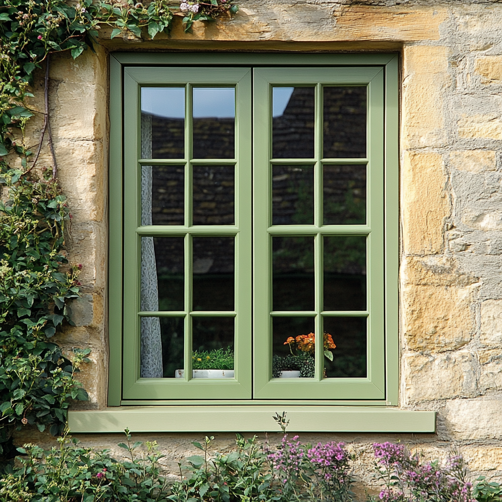 A green window on a stone wall with flowers in it.