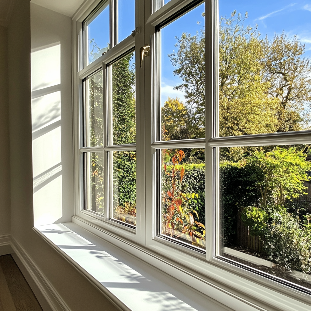A large window with a view of trees and a blue sky.